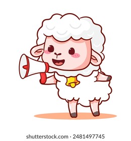 Caricatura de la oveja linda que sostiene el megáfono. Adorable y Kawaii Animal Ilustración vectorial. Fondo blanco aislado. Diseño de Concepto de Mascota de Icono.