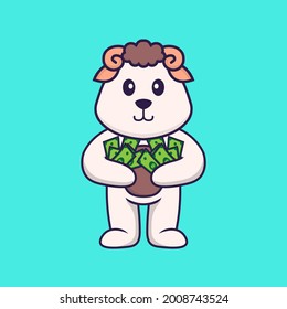 Cute sheep holding money. Animal cartoon concept isolated. Can used for t-shirt, greeting card, invitation card or mascot.