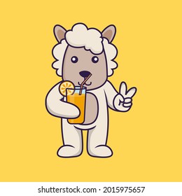 Cute sheep holding orange juice in glass.