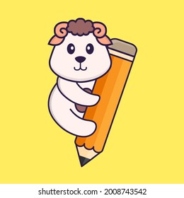 Cute sheep holding a pencil. Animal cartoon concept isolated. Can used for t-shirt, greeting card, invitation card or mascot.