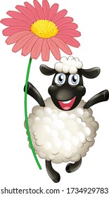 Cute sheep holding pink flower on white background illustration