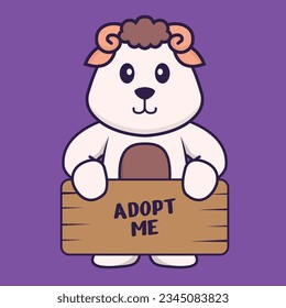 Cute sheep holding a poster Adopt me. Animal cartoon concept isolated. Can used for t-shirt, greeting card, invitation card or mascot