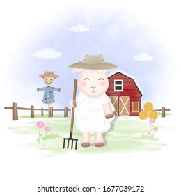 Cute sheep holding rake, scarecrow and barn, hand drawn farm illustration