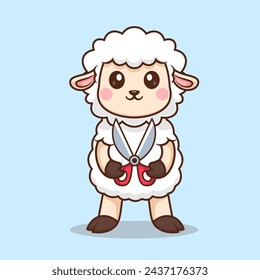 Cute Sheep Holding Scissors Cartoon Vector Icon Illustration. Animal Tool Icon Concept Isolated Premium Vector. Flat Cartoon Style