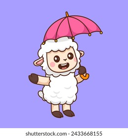 Cute Sheep Holding Umbrella Cartoon Vector Icon Illustration. Animal Nature Icon Concept Isolated Premium Vector. Flat Cartoon Style