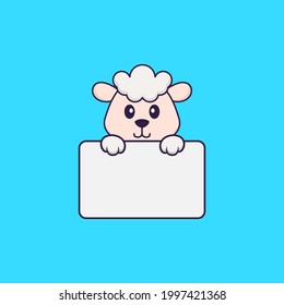 Cute sheep holding whiteboard. Animal cartoon concept isolated. Can used for t-shirt, greeting card, invitation card or mascot.