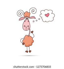 cute sheep with horns in the Doodle style, heart in the speech bubble, vector illustration isolated on white background