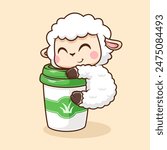 Cute Sheep Hug Coffee Cup Cartoon Vector Icon Illustration. Animal Drink Icon Concept Isolated Premium Vector. Flat Cartoon Style