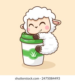 Cute Sheep Hug Coffee Cup Cartoon Vector Icon Illustration. Animal Drink Icon Concept Isolated Premium Vector. Flat Cartoon Style