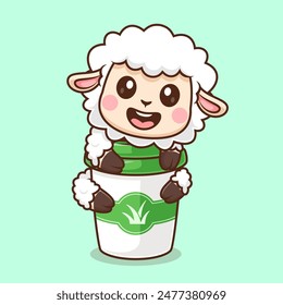 Cute Sheep Hug Coffee Cup Cartoon Vector Icon Illustration. Animal Drink Icon Concept Isolated Premium Vector. Flat Cartoon Style