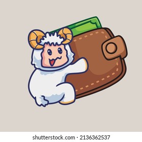 unas lindas ovejas abrazan el dinero de una billetera gigante. Ilustración aislada de objetos de dibujos animados. Estilo plano adecuado para el vector de logotipo de diseño de iconos pegados