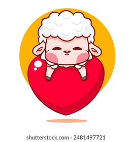 Cute Sheep Hugging Big Love Heart Cartoon Character. Adorable and Kawaii Animal Vector Illustration. Isolated White Background. Icon Mascot Concept Design.