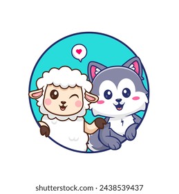 Cute Sheep And Husky Dog Friend Logo Cartoon Vector Icon Illustration. Animal Nature Icon Concept Isolated Premium Vector. Flat Cartoon Style