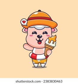 Cute sheep with ice cream on beach cartoon illustration. Cute summer cartoon illustration. 