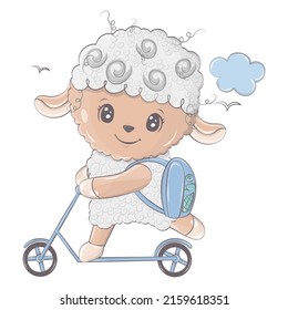 Cute sheep illustration. Sheep on a scooter. Cute little illustration of lamb for kids, baby book, fairy tales, baby shower invitation, textile t-shirt, sticker.