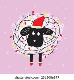 Cute sheep illustration wearing a Santa hat tangled in a garland of lights. Christmas card design.