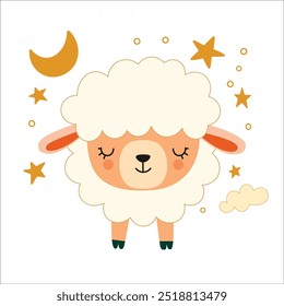 Ovelha bonitinha ou ilustração isolada do vetor do personagem de Lamb Animal. Gráficos​ designs​ para impressão, têxteis, tecido para bebê, crianças e criança 