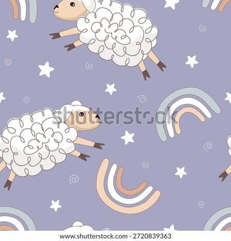 Cute sheep jumping among rainbows seamless pattern. White lambs, rainbow, and stars nursery background. Design for prints, fabric, textile, wallpaper, wrapping paper. Vector illustration