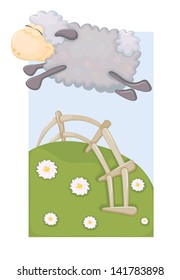 Cute sheep, jumping over a fence.