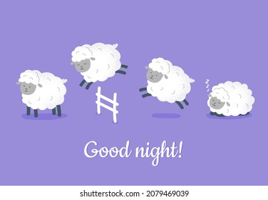 Cute sheep are jumping over the fence. Count sheep before bed concept. Vector flat illustration.