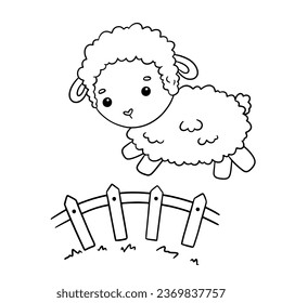 Cute sheep jumping over fence. Counting sheep to fall asleep. Vector outline illustration for children.