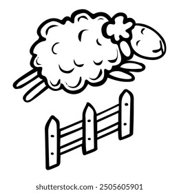 Cute sheep jumping over the fence hand drawn doodle. Children plush toy. Time to sleep. Good night. Vector outline line art illustration.