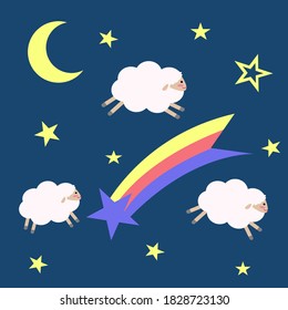 Cute sheep jumping over the rainbow in the night sky with moon and stars flat design. Counting sheep in bedtime.