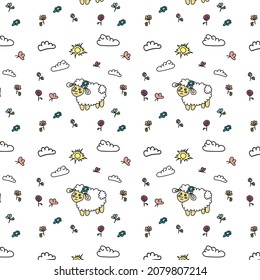 Cute sheep kid's pattern in soft colours with clouds, sun, flowers and butterflies. Minimalistic and positive,vector illustration, concept for print, textile, wallpaper etc. 