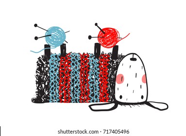 Cute Sheep Knitting Wearing Sweater. Laying upside down little sheep holding yarn balls. Vector cartoon.