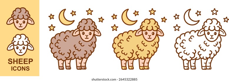 Bonito carneiro, cordeiro animal fazenda com lua e estrelas ícone set. Engraçado personagem de carneirinho. Sonho noturno. Lã têxtil. Cara de ovelha doméstica. Mamíferos da pecuária agrícola. Símbolo do zodíaco de Aries. Vetor