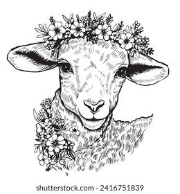 Cute sheep or lamb head engraving style vector illustration. Realistic image.