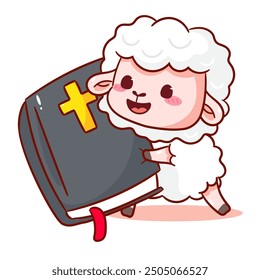 Cute Sheep or Lamb Holding Bible Cartoon Vector. Christianity Concept Design. Isolated Icon Flat Style Illustration. Kawaii Animal