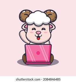 Cute sheep with laptop. Cute cartoon animal illustration.