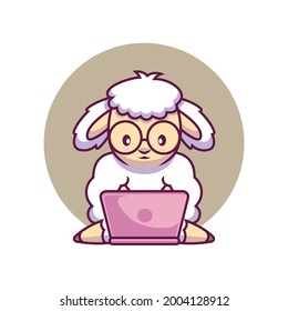 Cute sheep with laptop cartoon illustration The Concept of Isolated Technology. Flat Cartoon Style Suitable for Landing Web Pages, Banners, Flyers, Stickers, Cards