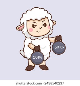 Cute Sheep Lifting Kettlebell Cartoon Vector Icon Illustration. Animal Sport Icon Concept Isolated Premium Vector. Flat Cartoon Style