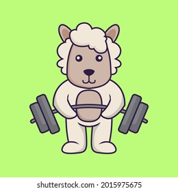 Cute sheep lifts the barbell.