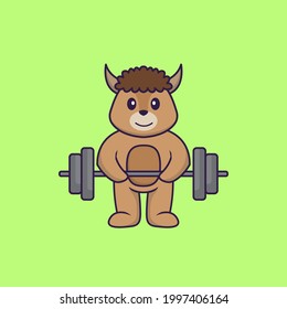 Cute sheep lifts the barbell. Animal cartoon concept isolated. Can used for t-shirt, greeting card, invitation card or mascot. 