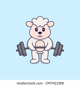 Cute sheep lifts the barbell. Animal cartoon concept isolated. Can used for t-shirt, greeting card, invitation card or mascot.
