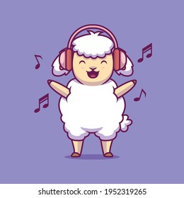 Cute sheep listening music cartoon illustration The Concept of Isolated Technology. Flat Cartoon Style Suitable for Landing Web Pages, Banners, Flyers, Stickers, Cards