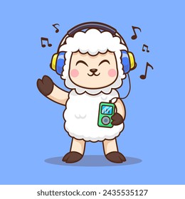 Cute Sheep Listening Music With Headphone Cartoon Vector Icon Illustration. Animal Technology Icon Concept Isolated Premium Vector. Flat Cartoon Style