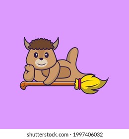 Cute sheep lying on Magic Broom. Animal cartoon concept isolated. Can used for t-shirt, greeting card, invitation card or mascot.