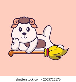 Cute sheep lying on Magic Broom. Animal cartoon concept isolated. Can used for t-shirt, greeting card, invitation card or mascot.