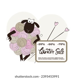 Cute sheep made of yarn balls. Vector knitting illustration. Winter sale poster