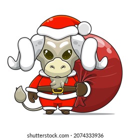 cute sheep mascot, carrying red bundle bag and wearing santa claus costume, cute animal character wearing christmas costume, front view. kawaii and shiny style, perfect for christmas content