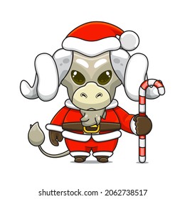 Cute and cute sheep mascot, holding candy cane, wearing santa claus costume, cartoon animal character with sparkling eyes, front view. kawaii styles, flats, for kids and adults, for stickers. 