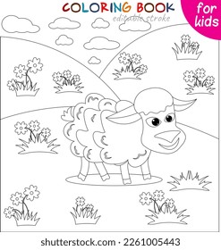 Cute sheep in the meadow. Coloring template for children. Vector illustration