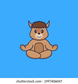 Cute sheep is meditating or doing yoga. Animal cartoon concept isolated. Can used for t-shirt, greeting card, invitation card or mascot.