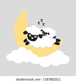 Cute Sheep mom and baby  sleep on the moon.Vector Illustration.