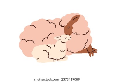 Cute sheep mom and lamb baby lying together. Farm animals family, adorable sweet mother and little cub child. Mommy and kid love and care. Flat vector illustration isolated on white background