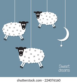 Cute sheep and moon in paper cut out style. Sheep counting concept